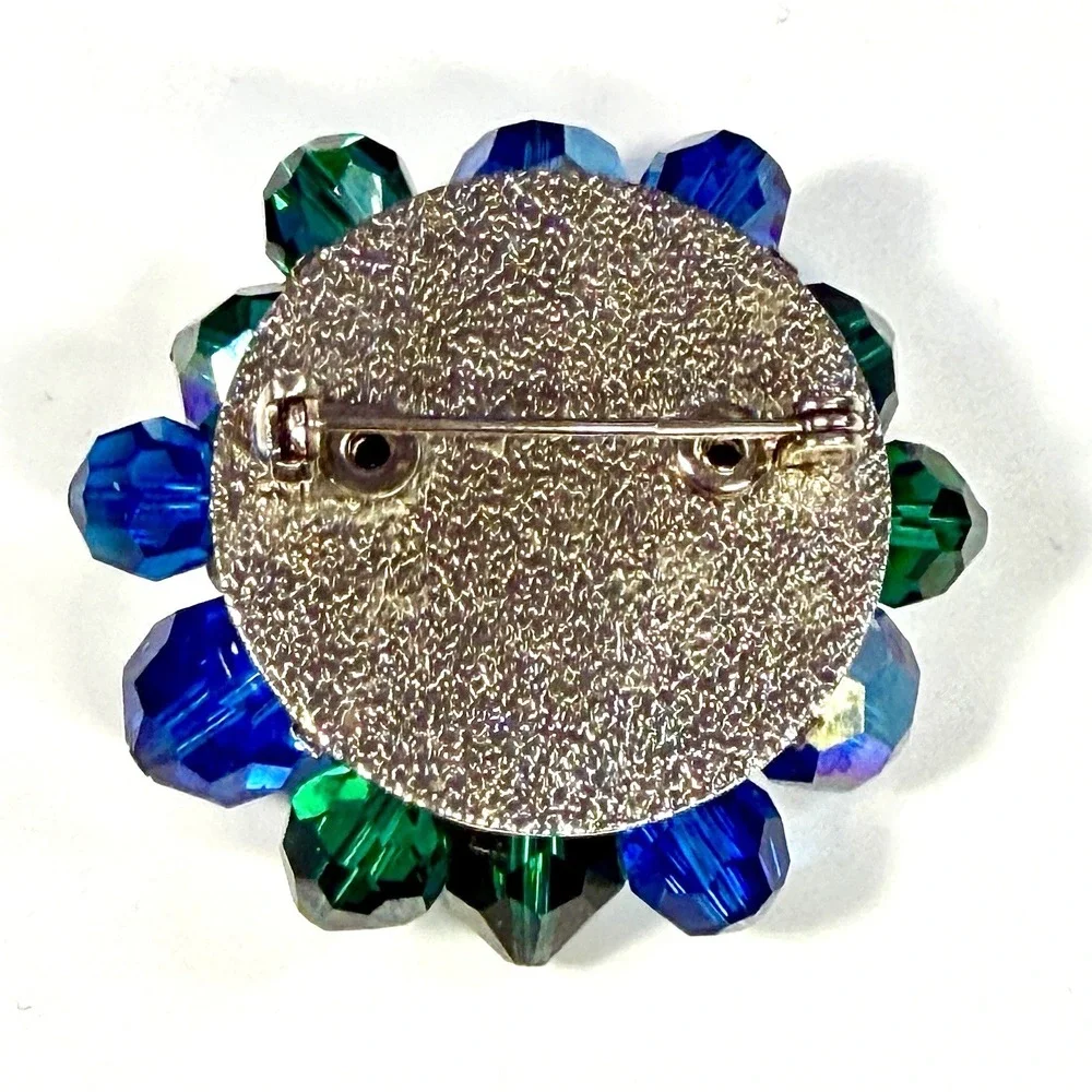 Vintage Blue Green AB Faceted Crystal Cluster Brooch Pin Flower Statement 1 1/2